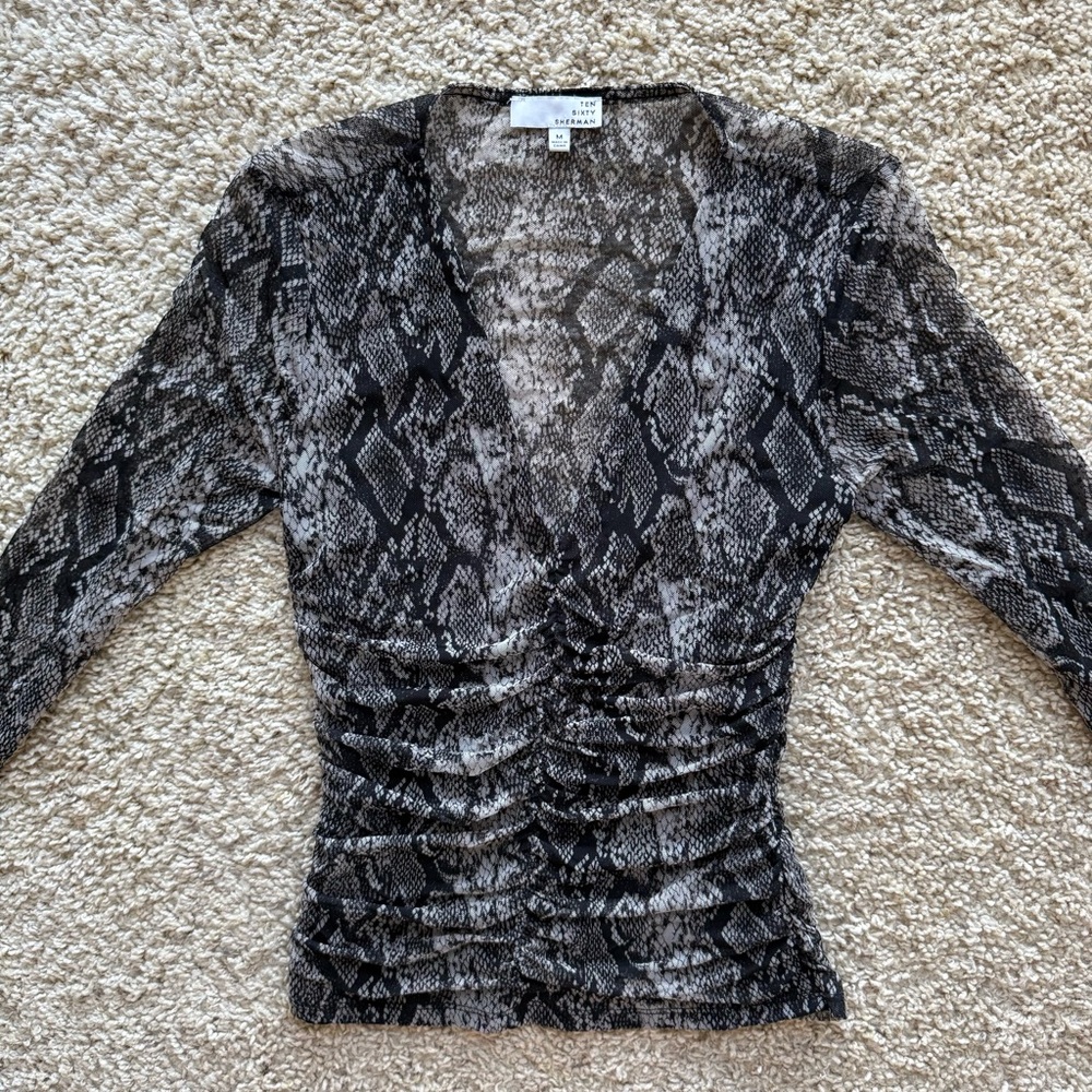 Snake Print Ruched Mesh Top Sheer Y2K Fitted GoingOut Bodycon Grunge Edgy Size M